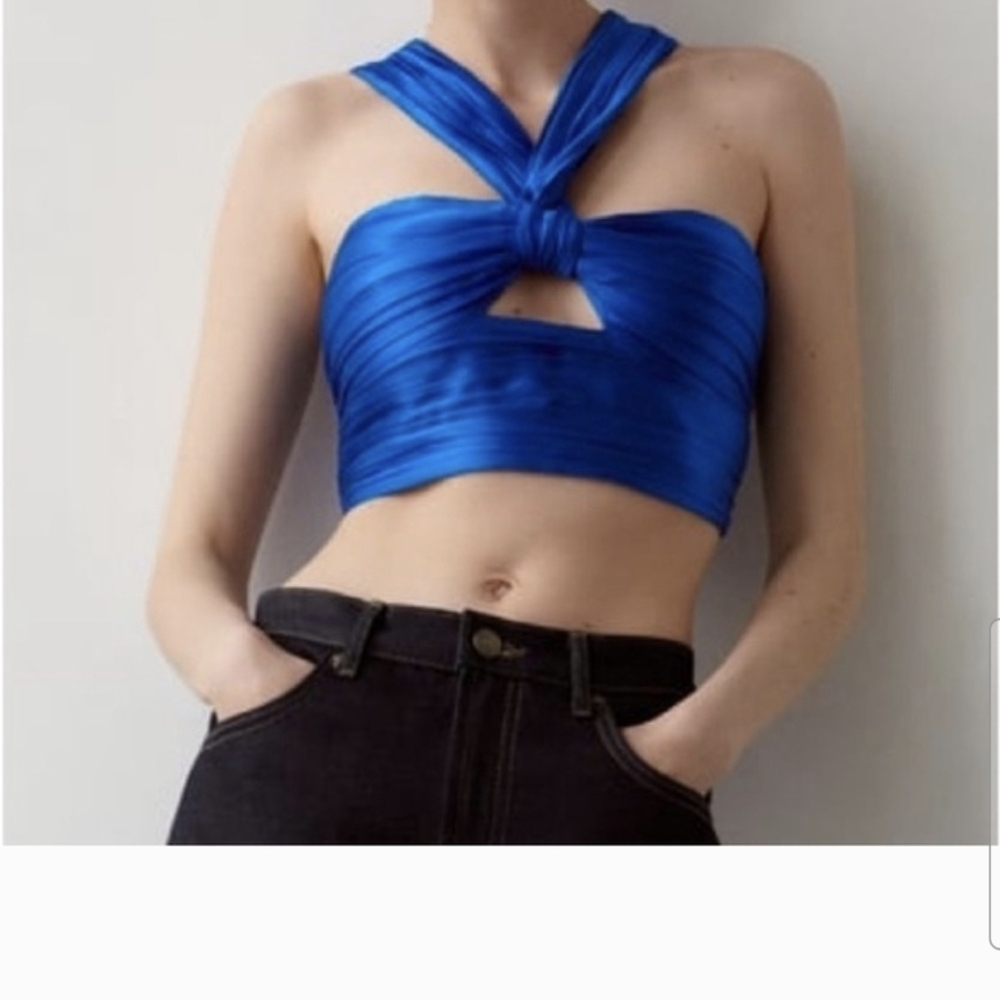 BNWT Zara Knotted Satin Effect Halter M Crop Twisted Top Royal Blue Festival